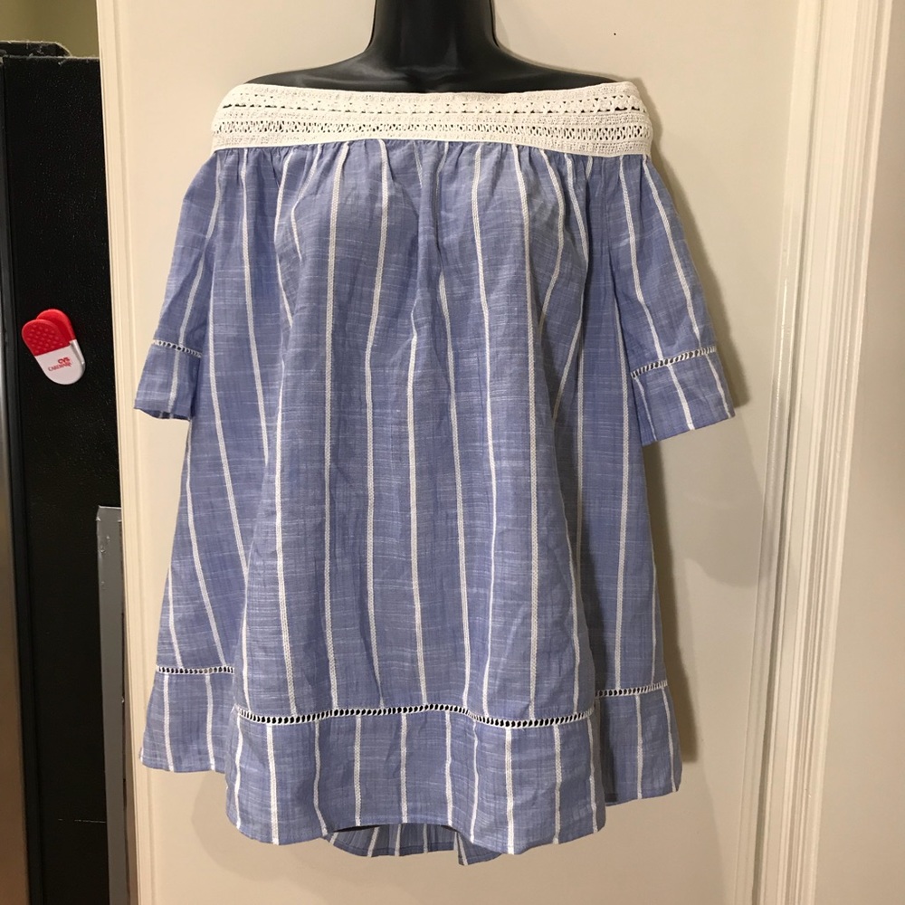 Westbound Woman Blue Cream Stripe Off shoulder Top